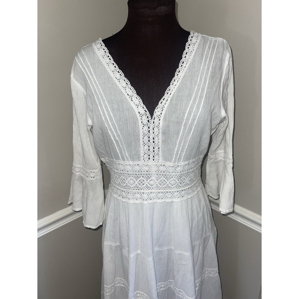 Neiman Marcus Boho Prairie Cotton Gauze Lace‎ Tiered Dress White Sz M Whimsical